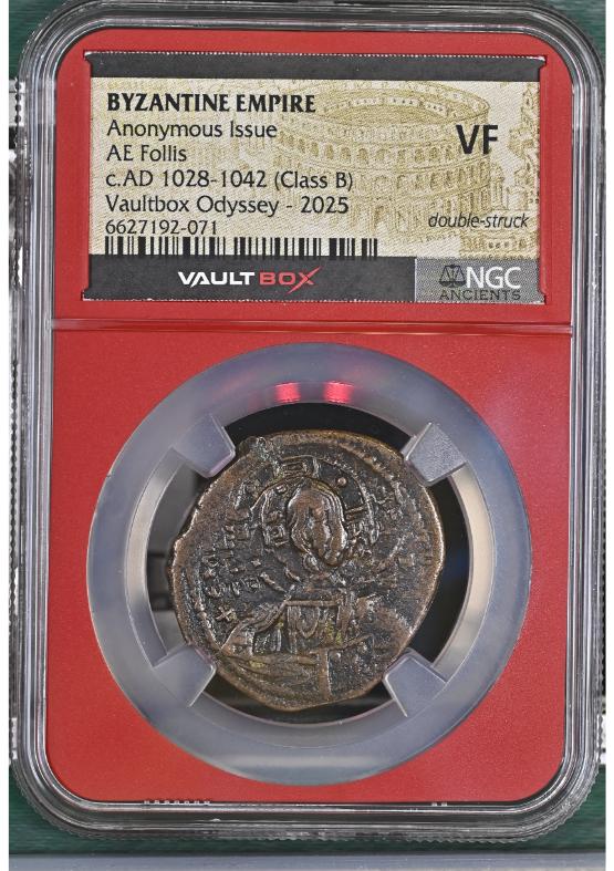 BYZANTINE EMPIRE ANONYMOUS ISSUE AE FOLLIS C.AD 1028-1042 (CLASS B) NGC VF DOUBLE-STRUCK FRONT