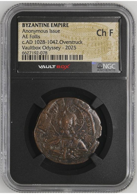 BYZANTINE EMPIRE ANONYMOUS ISSUE AE FOLLIS C.AD 1028-1042.OVERSTRUCK NGC CH F  FRONT