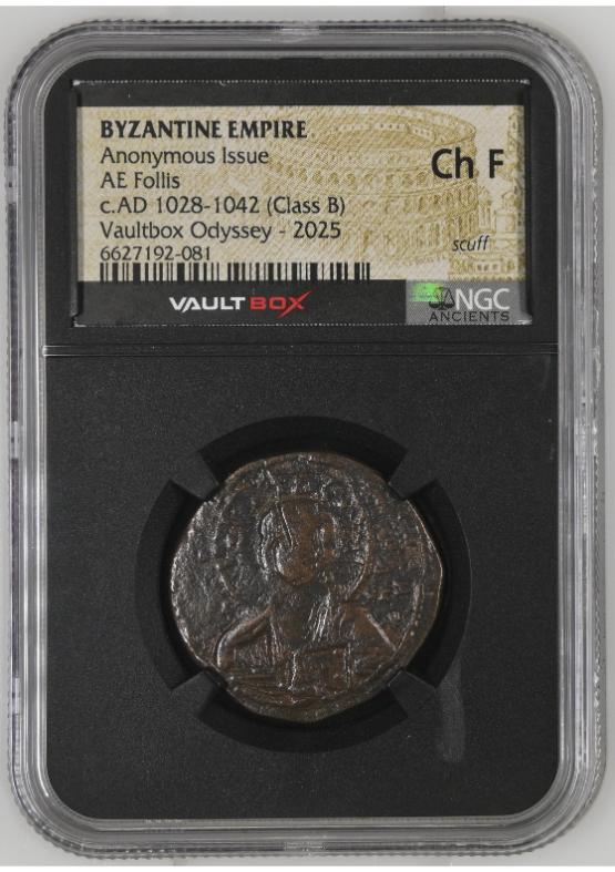 BYZANTINE EMPIRE ANONYMOUS ISSUE AE FOLLIS C.AD 1028-1042 (CLASS B) NGC CH F SCUFF FRONT