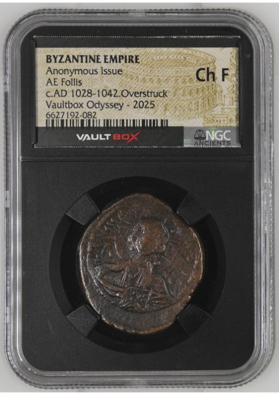 BYZANTINE EMPIRE ANONYMOUS ISSUE AE FOLLIS C.AD 1028-1042.OVERSTRUCK NGC CH F  FRONT