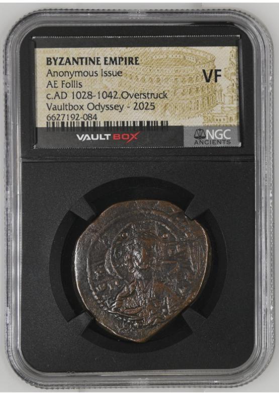 BYZANTINE EMPIRE ANONYMOUS ISSUE AE FOLLIS C.AD 1028-1042.OVERSTRUCK NGC VF  FRONT