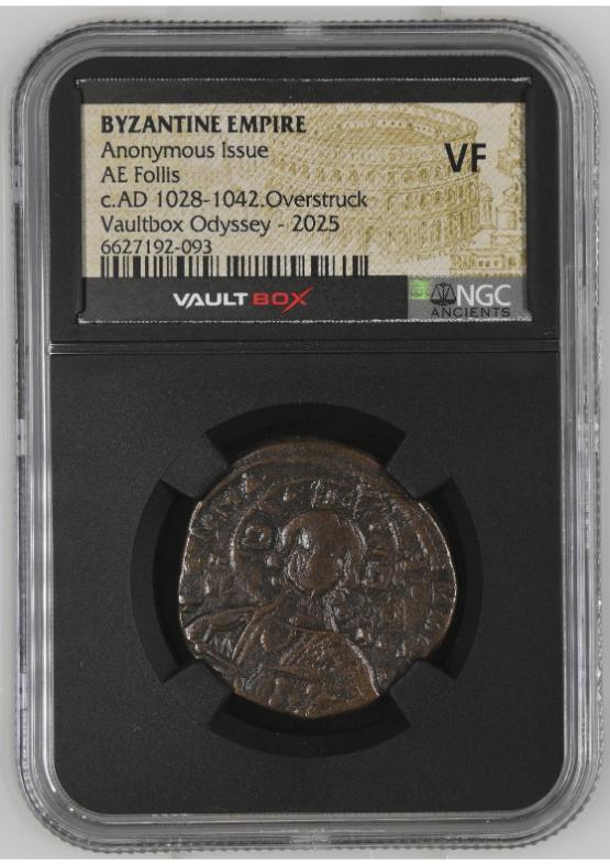 BYZANTINE EMPIRE ANONYMOUS ISSUE AE FOLLIS C.AD 1028-1042.OVERSTRUCK NGC VF  FRONT