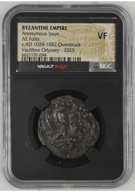 BYZANTINE EMPIRE ANONYMOUS ISSUE AE FOLLIS C.AD 1028-1042.OVERSTRUCK NGC VF  FRONT