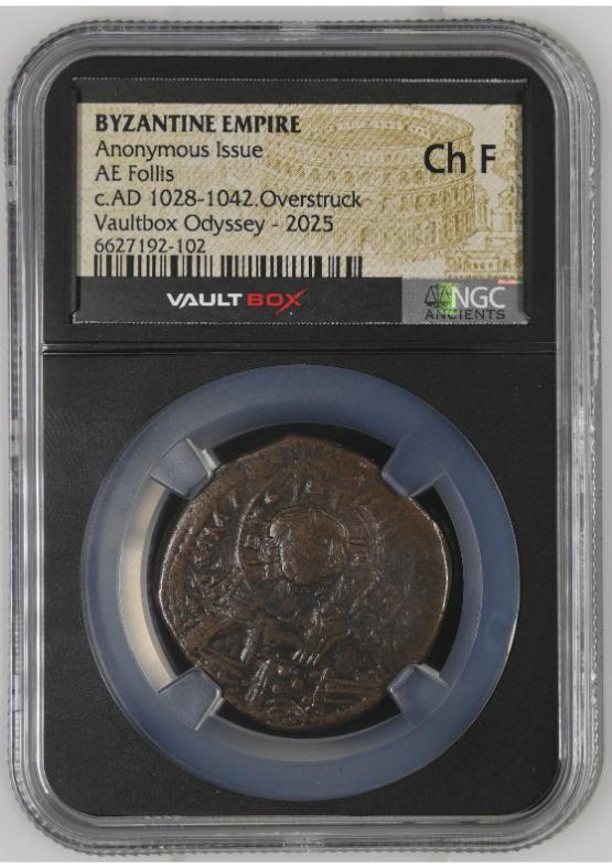BYZANTINE EMPIRE ANONYMOUS ISSUE AE FOLLIS C.AD 1028-1042.OVERSTRUCK NGC CH F  FRONT