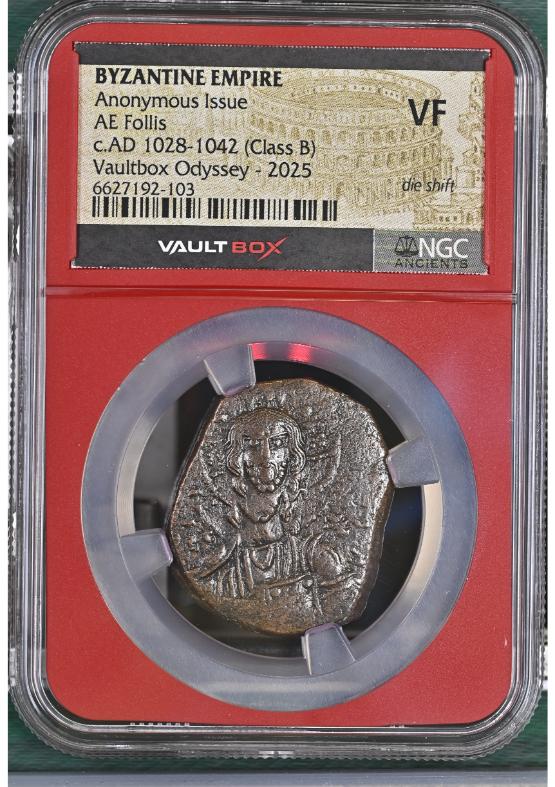 BYZANTINE EMPIRE ANONYMOUS ISSUE AE FOLLIS C.AD 1028-1042 (CLASS B) NGC VF DIE SHIFT FRONT