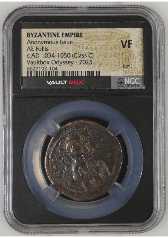 BYZANTINE EMPIRE ANONYMOUS ISSUE AE FOLLIS C.AD 1034-1050 (CLASS C) NGC VF BENT FRONT