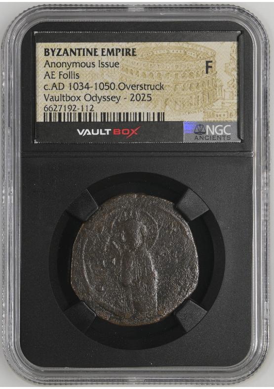 BYZANTINE EMPIRE ANONYMOUS ISSUE AE FOLLIS C.AD 1034-1050.OVERSTRUCK NGC F  FRONT