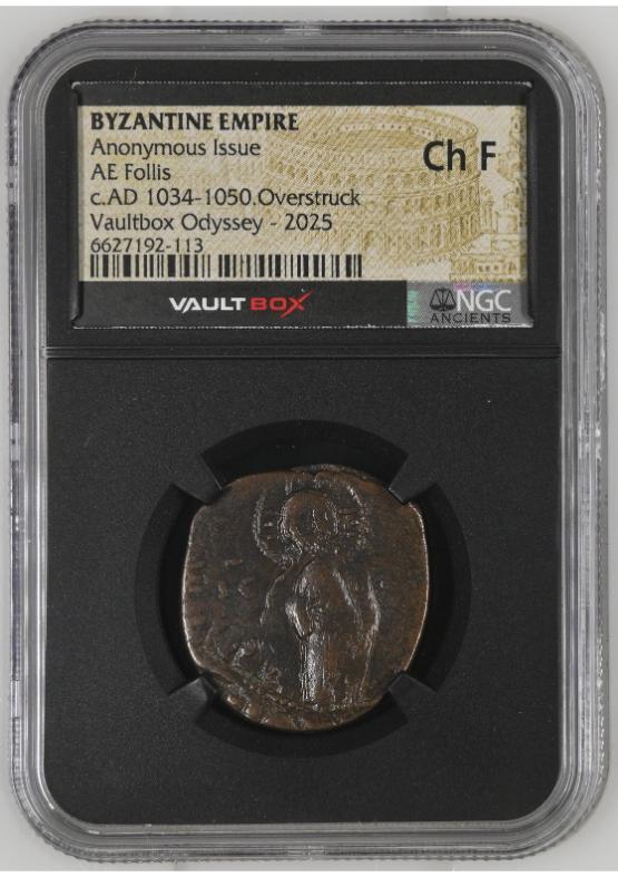 BYZANTINE EMPIRE ANONYMOUS ISSUE AE FOLLIS C.AD 1034-1050.OVERSTRUCK NGC CH F  FRONT