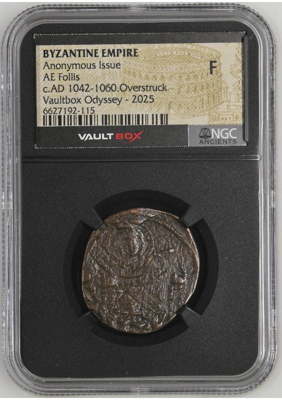 BYZANTINE EMPIRE ANONYMOUS ISSUE AE FOLLIS C.AD 1042-1060.OVERSTRUCK NGC F  FRONT