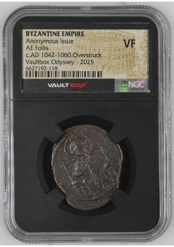 BYZANTINE EMPIRE ANONYMOUS ISSUE AE FOLLIS C.AD 1042-1060.OVERSTRUCK NGC VF  FRONT