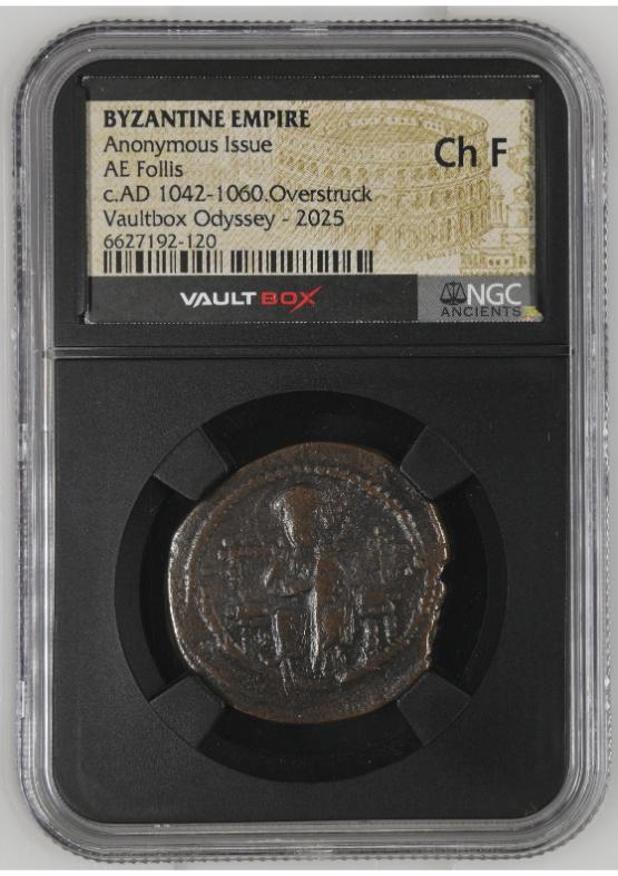 BYZANTINE EMPIRE ANONYMOUS ISSUE AE FOLLIS C.AD 1042-1060.OVERSTRUCK NGC CH F  FRONT