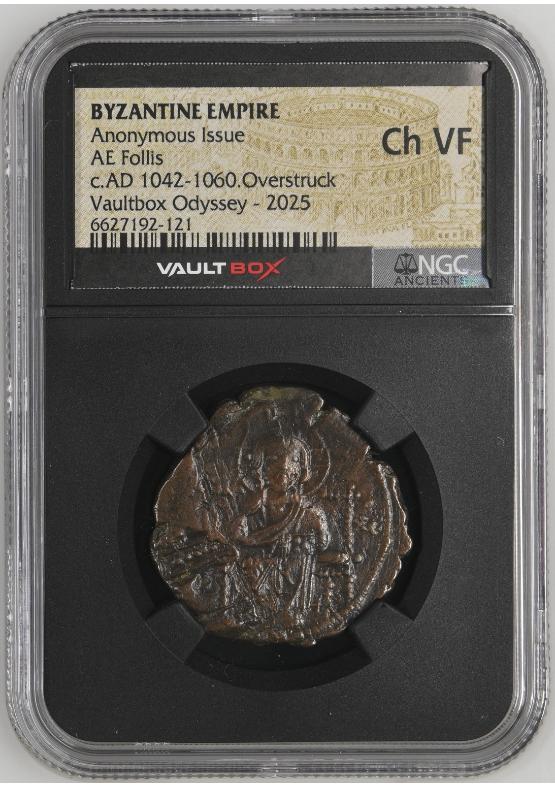 BYZANTINE EMPIRE ANONYMOUS ISSUE AE FOLLIS C.AD 1042-1060.OVERSTRUCK NGC CH VF  FRONT