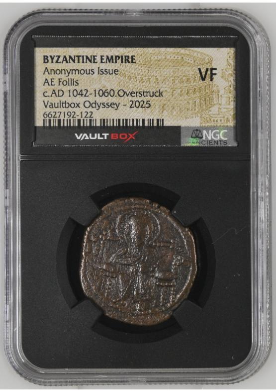 BYZANTINE EMPIRE ANONYMOUS ISSUE AE FOLLIS C.AD 1042-1060.OVERSTRUCK NGC VF  FRONT