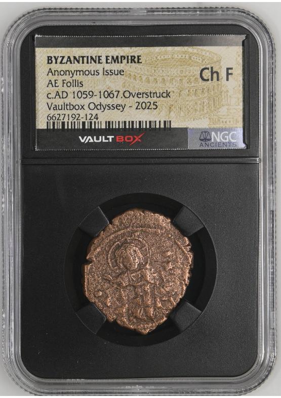 BYZANTINE EMPIRE ANONYMOUS ISSUE AE FOLLIS C.AD 1059-1067.OVERSTRUCK NGC CH F  FRONT