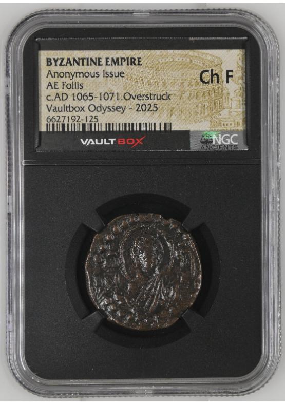 BYZANTINE EMPIRE ANONYMOUS ISSUE AE FOLLIS C.AD 1065-1071.OVERSTRUCK NGC CH F  FRONT