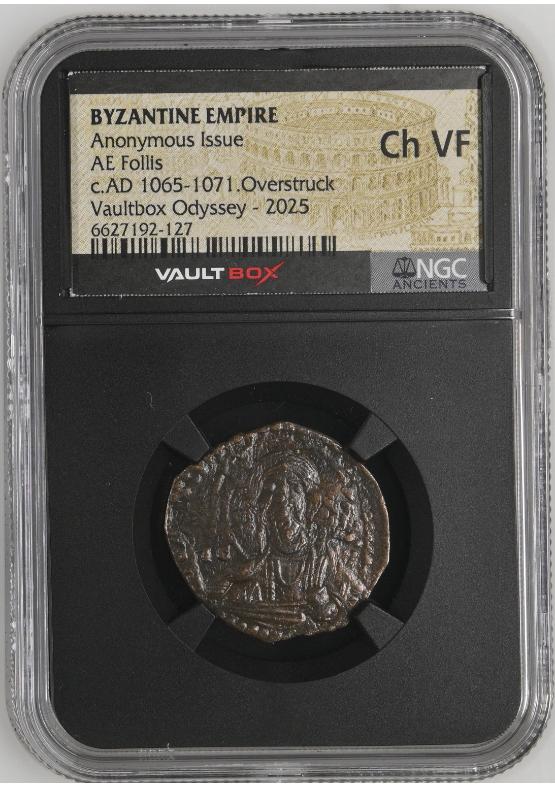 BYZANTINE EMPIRE ANONYMOUS ISSUE AE FOLLIS C.AD 1065-1071.OVERSTRUCK NGC CH VF  FRONT