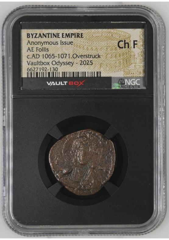 BYZANTINE EMPIRE ANONYMOUS ISSUE AE FOLLIS C.AD 1065-1071.OVERSTRUCK NGC CH F  FRONT