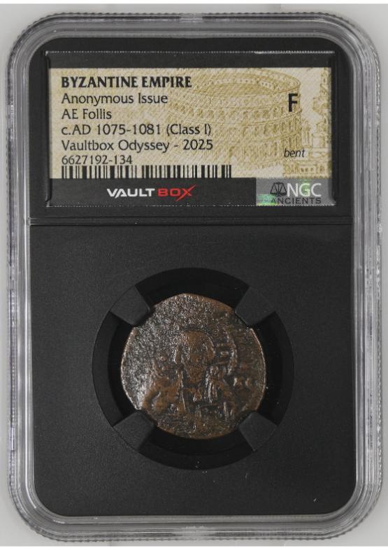 BYZANTINE EMPIRE ANONYMOUS ISSUE AE FOLLIS C.AD 1075-1081 (CLASS I) NGC F BENT FRONT