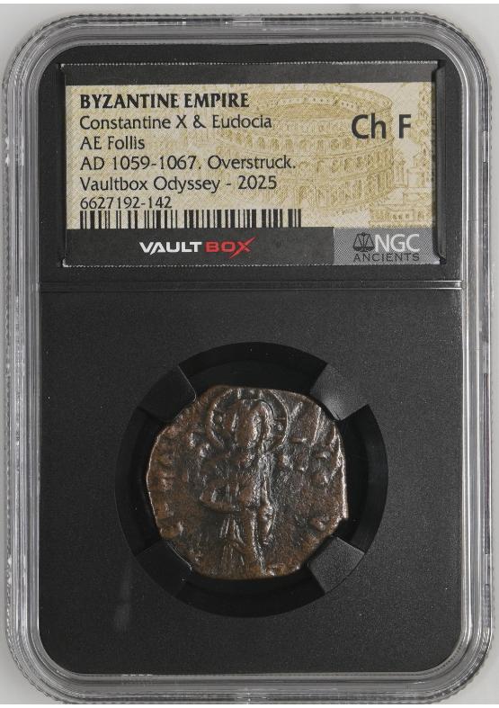 BYZANTINE EMPIRE CONSTANTINE X & EUDOCIA AE FOLLIS AD 1059-1067. OVERSTRUCK. NGC CH F  FRONT