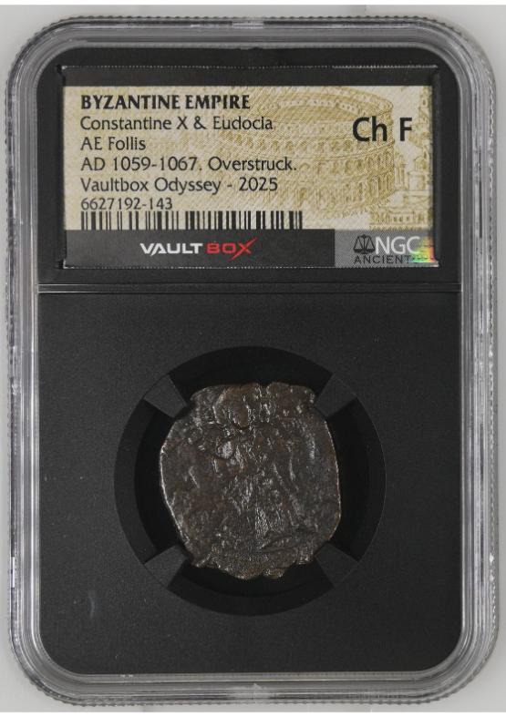 BYZANTINE EMPIRE CONSTANTINE X & EUDOCIA AE FOLLIS AD 1059-1067. OVERSTRUCK. NGC CH F  FRONT
