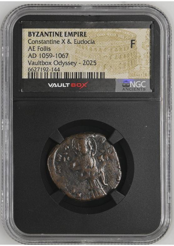 BYZANTINE EMPIRE CONSTANTINE X & EUDOCIA AE FOLLIS AD 1059-1067 NGC F  FRONT