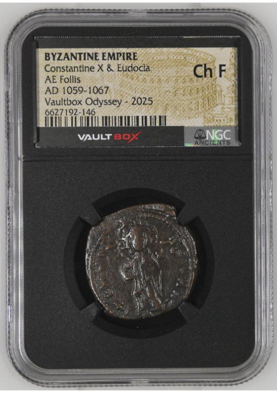 BYZANTINE EMPIRE CONSTANTINE X & EUDOCIA AE FOLLIS AD 1059-1067 NGC CH F  FRONT