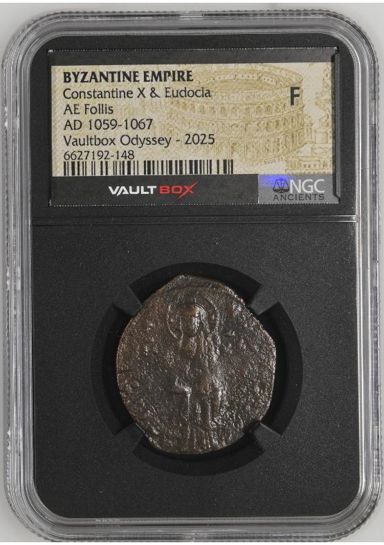 BYZANTINE EMPIRE CONSTANTINE X & EUDOCIA AE FOLLIS AD 1059-1067 NGC F  FRONT