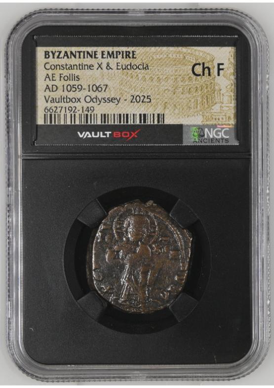 BYZANTINE EMPIRE CONSTANTINE X & EUDOCIA AE FOLLIS AD 1059-1067 NGC CH F  FRONT