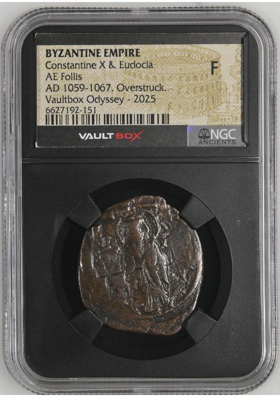 BYZANTINE EMPIRE CONSTANTINE X & EUDOCIA AE FOLLIS AD 1059-1067. OVERSTRUCK. NGC F  FRONT