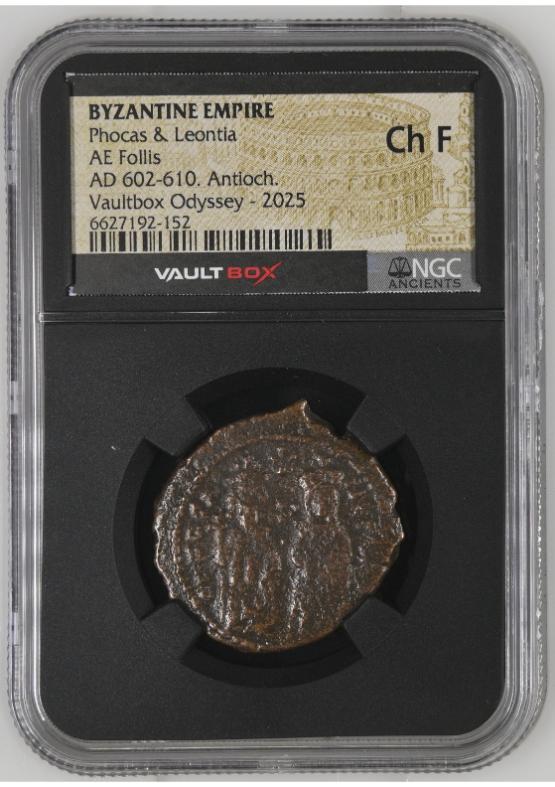 BYZANTINE EMPIRE PHOCAS & LEONTIA AE FOLLIS AD 602-610. ANTIOCH. NGC CH F  FRONT