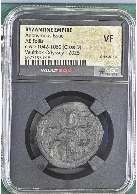 BYZANTINE EMPIRE ANONYMOUS ISSUE AE FOLLIS C.AD 1042-1060 (CLASS D) NGC VF OVERSTRUCK FRONT