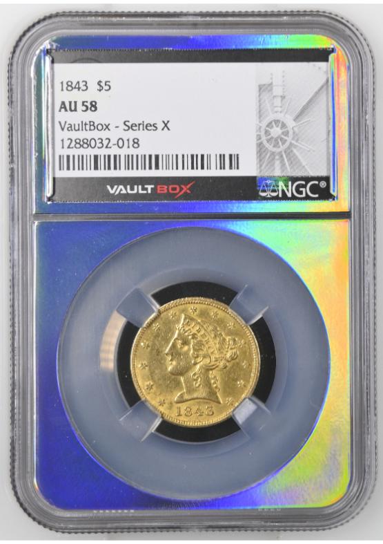 1843 G$5 NGC AU58 FRONT