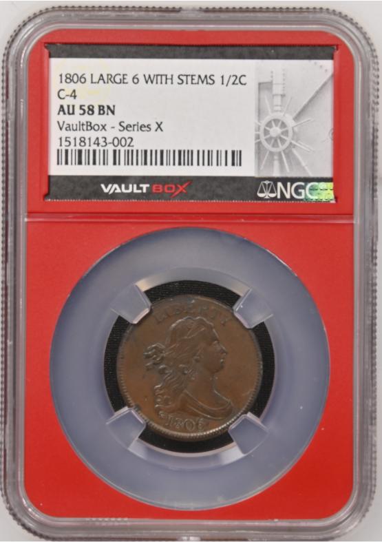 1806 LARGE 6 WITH STEMS 1/2C C-4 NGC AU58BN FRONT