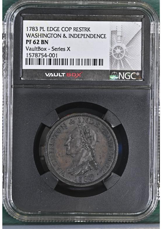 1783 PL EDGE COP RESTRK Token WASHINGTON & INDEPENDENCE NGC PF62BN FRONT