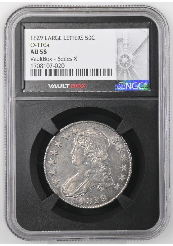 1829 LARGE LETTERS 50C O-110a NGC AU58 FRONT