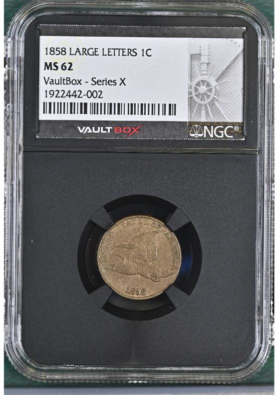 1858 LARGE LETTERS 1C NGC MS62 FRONT