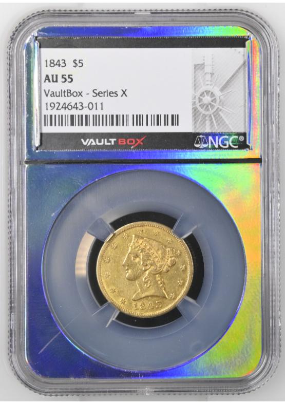 1843 G$5 NGC AU55 FRONT