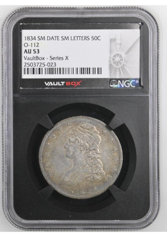 1834 SM DATE SM LETTERS 50C O-112 NGC AU53 FRONT