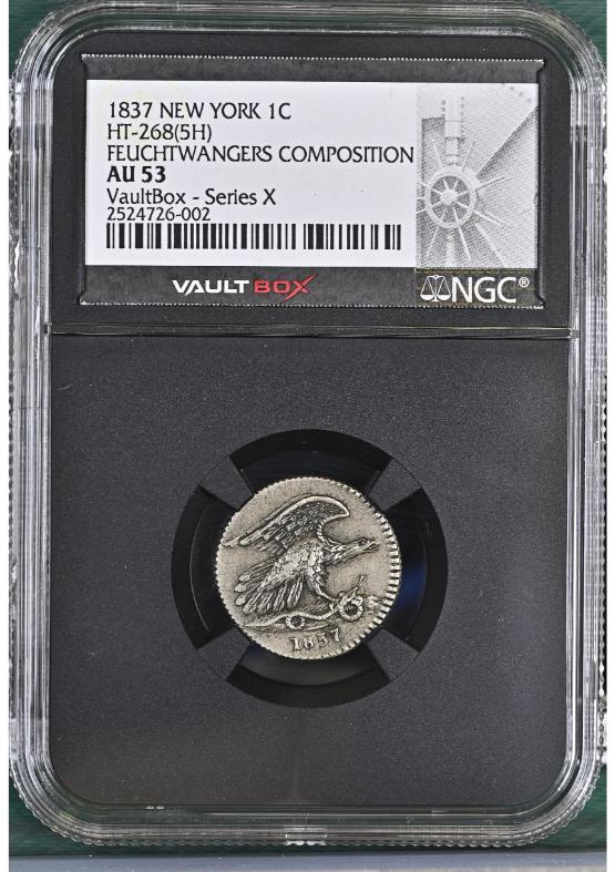 1837 NEW YORK 1C HT-268(5H) FEUCHTWANGERS COMPOSITION NGC AU53 FRONT