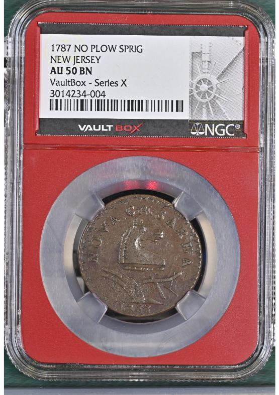 1787 NO PLOW SPRIG Token NEW JERSEY NGC AU50BN FRONT