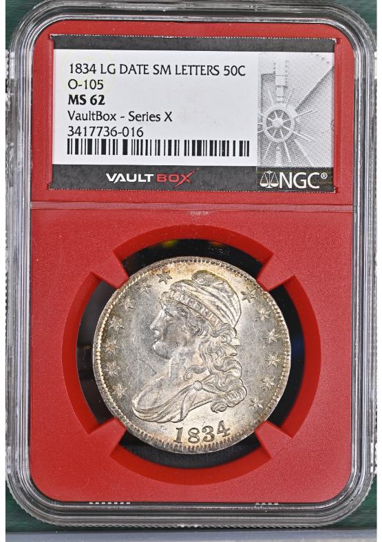 1834 LG DATE SM LETTERS 50C O-105 NGC MS62 FRONT