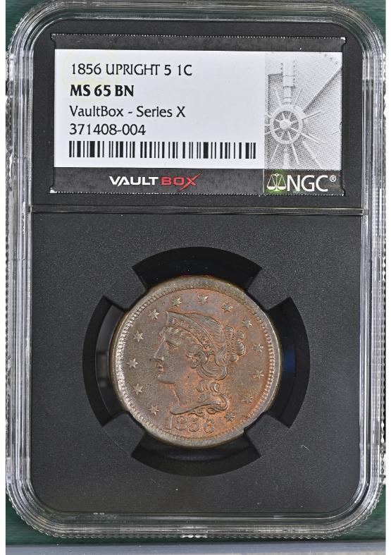 1856 UPRIGHT 5 1C NGC MS65BN FRONT