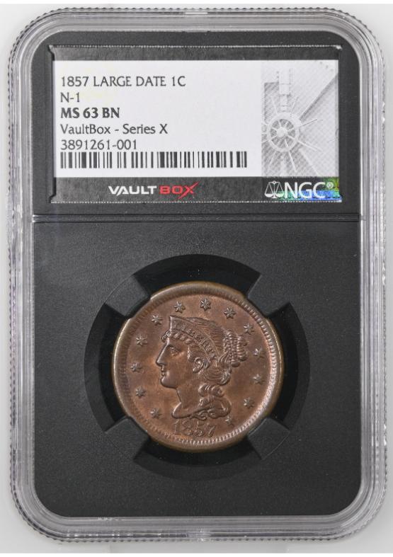 1857 LARGE DATE 1C N-1 NGC MS63BN FRONT