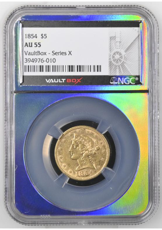 1854 G$5 NGC AU55 FRONT