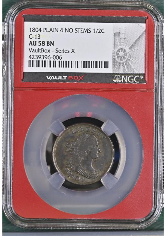 1804 PLAIN 4 NO STEMS 1/2C C-13 NGC AU58BN FRONT