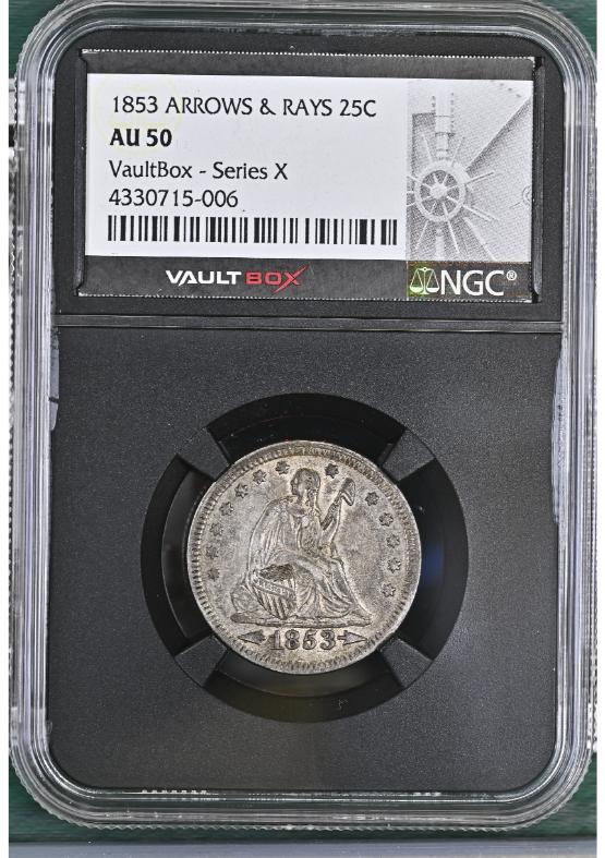 1853 ARROWS & RAYS 25C NGC AU50 FRONT