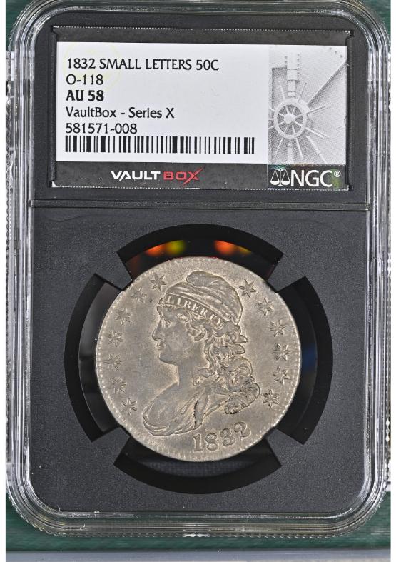 1832 SMALL LETTERS 50C O-118 NGC AU58 FRONT
