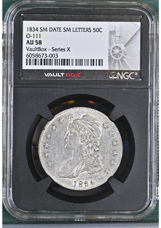 1834 SM DATE SM LETTERS 50C O-111 NGC AU58 FRONT