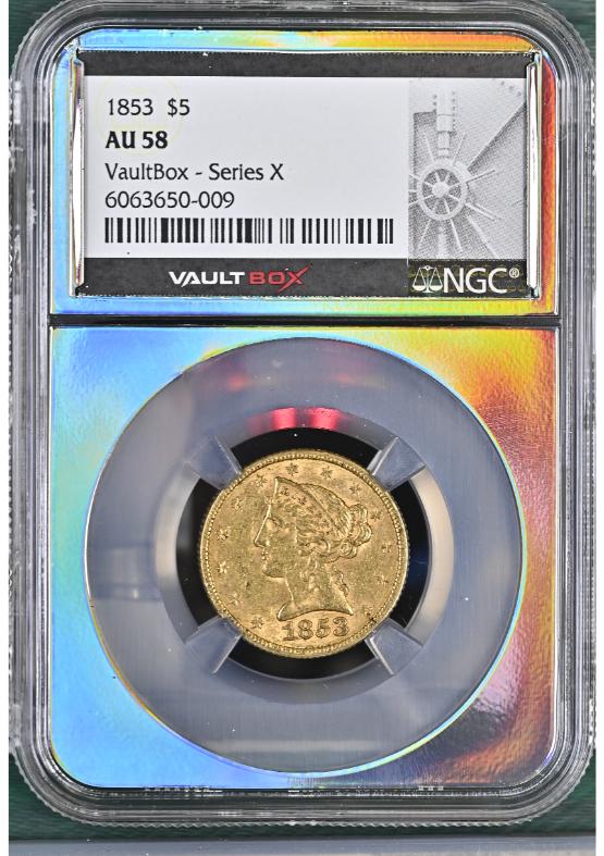 1853 G$5 NGC AU58 FRONT