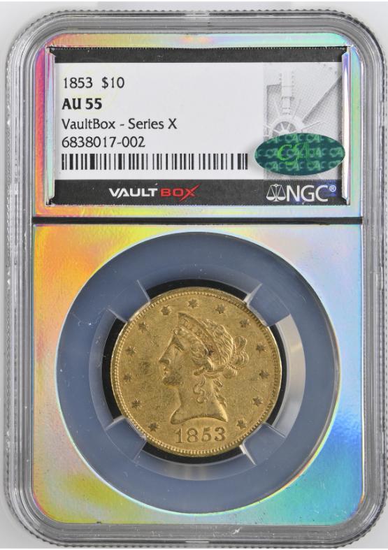1853 G$10 NGC AU55 CAC FRONT